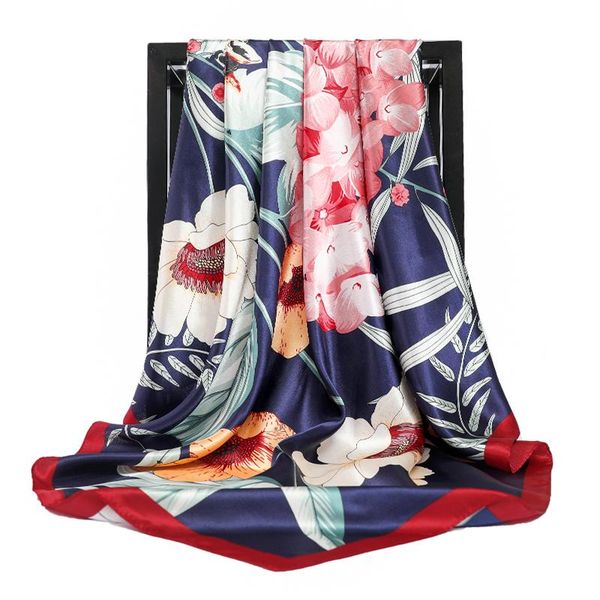 

fashion floral print kerchief silk satin hair scarf for women bandana head bag scarfs female 90cm square neck scarves for ladies, Blue;gray