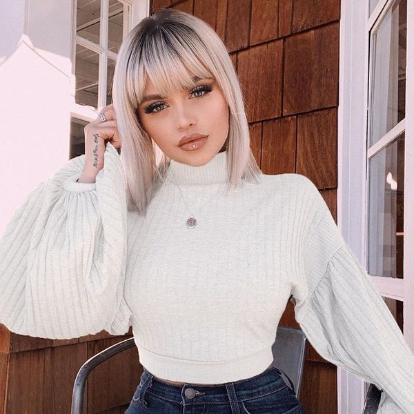 

women casual long lantern sleeve pullovers new trendy autumn winter sweaters turleneck white jumpers all-match female crop, White;black