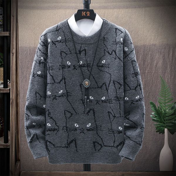 

2021 new mens winter casual sweaters cartoon cat pattern men fit knitted round neck male funny sweater thicken warm kitten cute 2lnz, White;black