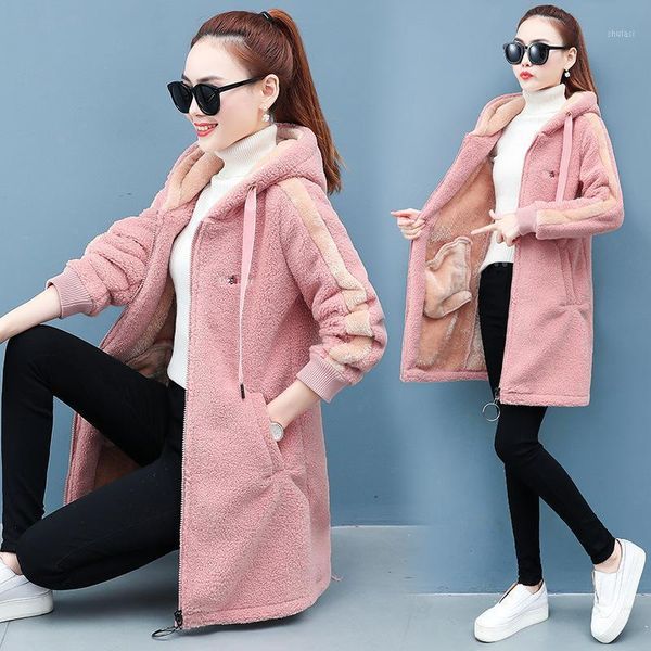 

large size women lamb plush coat autumn winter plush famale jacket women hoodie coats long sleeve plus thick velvet hooded 1, Black