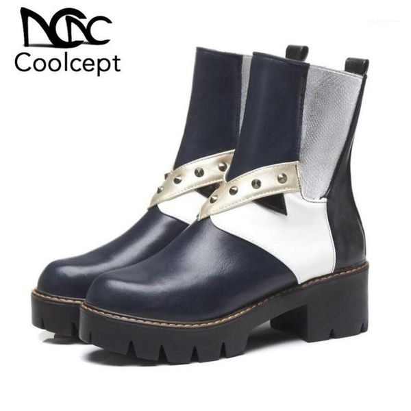

boots coolcept ankle for women casual rivets mixed color platform shoes winter warm square heels goth booties size 34-431, Black