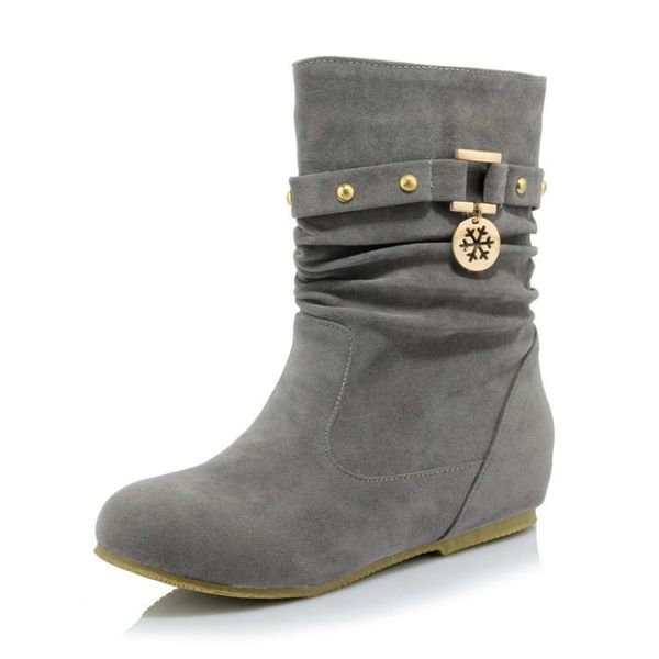 

boots chaussures femme winter snow women flock leather slip on ladies shoes fashion metal decoration mid calf botas mujer, Black