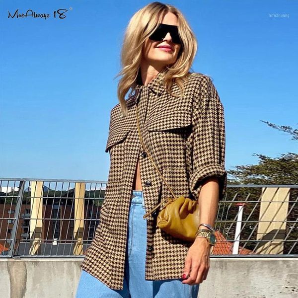 

mnealways18 retro houndstooth women office shirt long sleeve breasted blouse female casual classic plaid shirt spring autumn, White