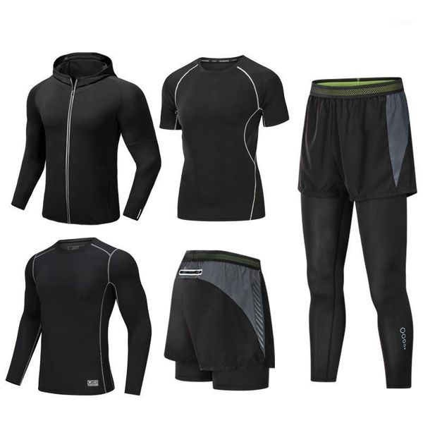

running sets fitness clothes men's tight-fitting high-elastic sports suit quick-drying basketball training five-piece suit1, Black;blue