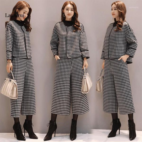 

suit female fashion houndstooth woolen coat short wide leg pants two-piece female casual fashion new autumn1, White