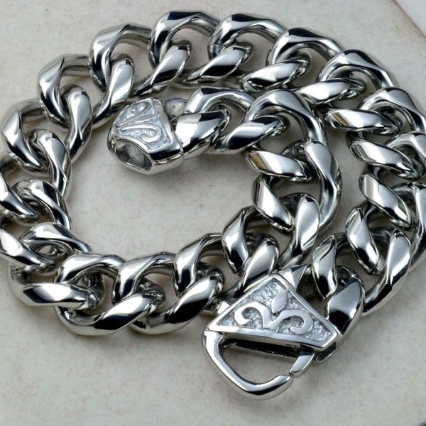 

silver tone stainless steel mens bracelet cuban curb link 13mm, Black