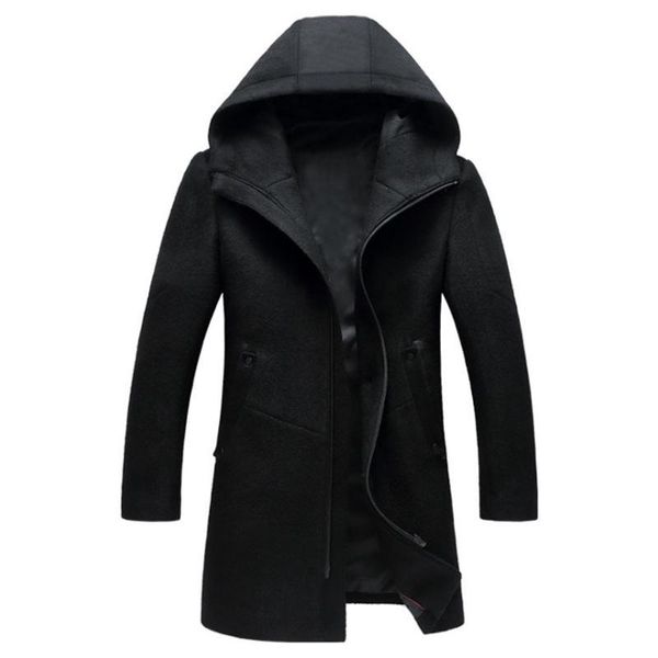 

autumn winter british style men's wool coat new design zipper long trench coat brand clothing hooded woolen men, Black