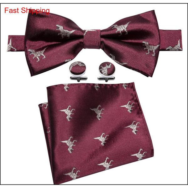 

burgundy silk bow tie with white little dinosaur pattern designer handkerchief cufflinks luxury fashion wedding business party lh-834 ljmj7, Black;gray