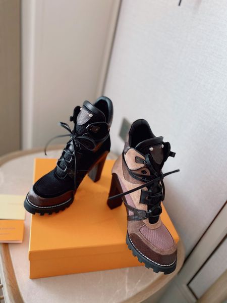 

star trail ankle boot designer luxury women martin boots desert genuine leather booties high heel treaded rubber outsole., Black