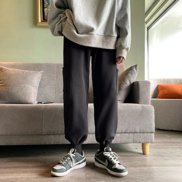 

winter 2020 men's new solid color plush pocket band mouth casual pants youth straight tube fashion loose pants size m-2xl, Black