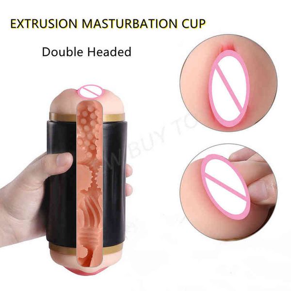 NXY Sex Masturbatori Double Head Potente Succhiare Masturbazione Cup Vagina Cavità orale Figa Materiale confortevole Massaggiatore Giocattoli per adulti per uomini 220127