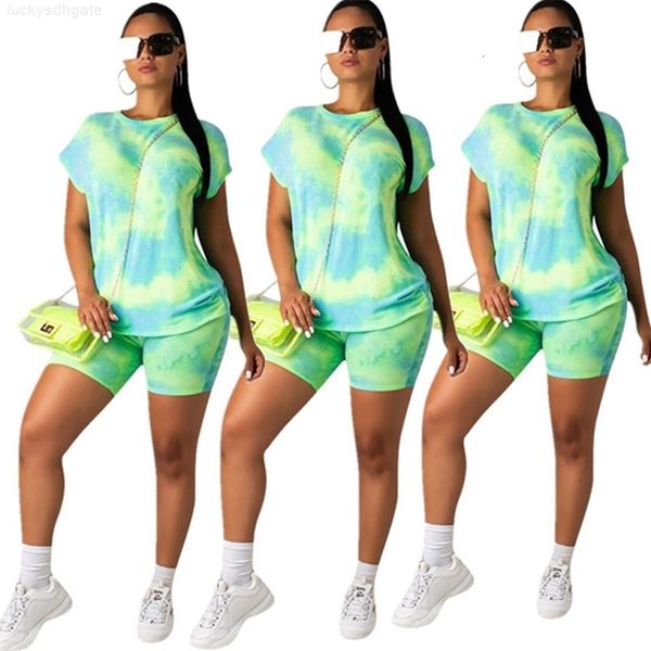 

factory3ytywomen clothes 2 two piece outfits set summer casual tracksuit tie-dye short sleeve t-shirt biker shorts suits sportswear, Gray