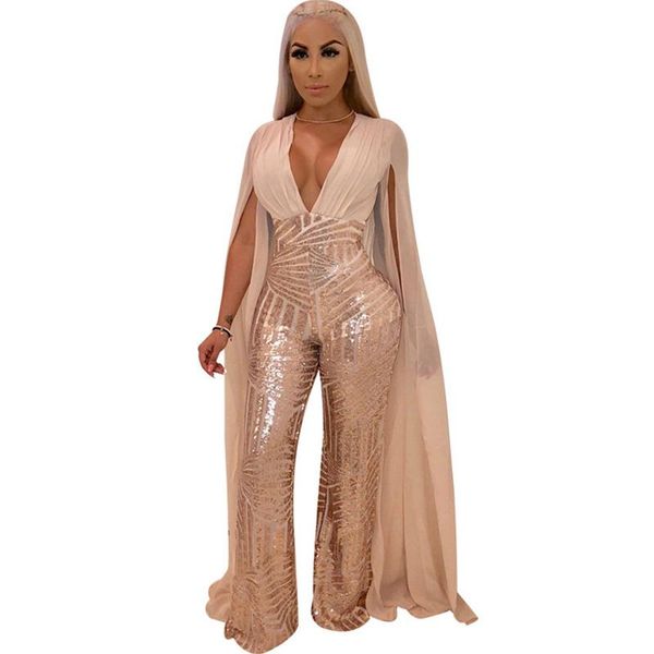 

women chiffon split long sleeve sequin jumpsuit v neck patchwork loose wide leg romper evening sparkly jumpsuit overalls, Black;white