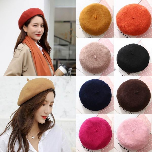 

New 1PC Solid Color Berets Hat Lady Vintage Berets Painter Style Hat Female Wool Popular Warm Caps High Quality Women Korean1, Blue;gray