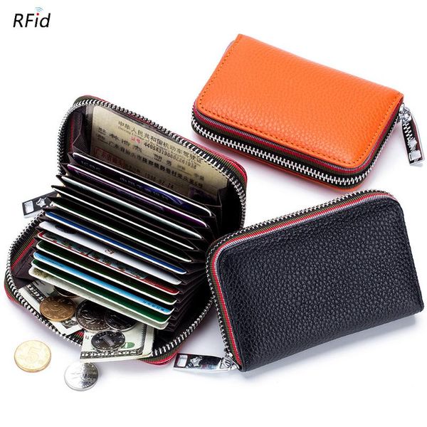 

2021 new arrival rfid genuine leather small zipper mini card wallet women coin purse pocket female business card holder for man, Brown;gray
