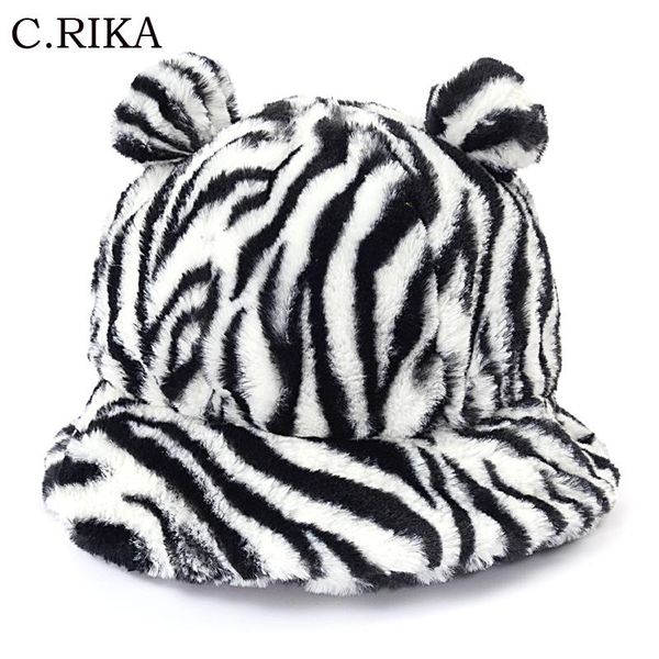 

wide brim hats faux fur leopard cow zebra cute ear womens winter bucket hat thick warm lady girl panama outdoor travel velvet fisherman, Blue;gray