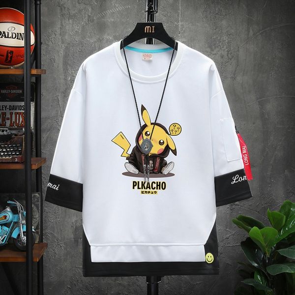 

qixqa quanyanxi 2020 new korean style sweater sleeve seven-quarter men's sweaterloose lfsk round neck fake two-piece printed cartoon lf, Black