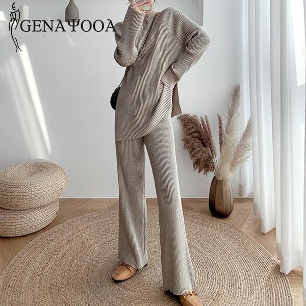 

genayooa офис дамы 2020 осень зима новых женщин tracksuit элегантный вязаная два piece set top и штаны с длинным рукавом перемычки, Gray