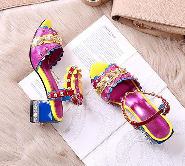 

designer shoes woman real leather t strap beading chunky low heel sandals rhinestones rivets colorful beading chunky low heel dr, Black