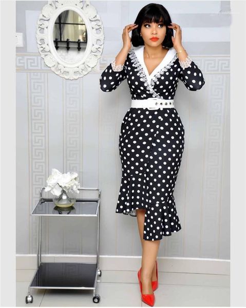

sleeved bodycon dresses fashion womens dresses new polka dot women dresses ol slim elegant lace panelled sashes mermaid skirts long, Black;gray