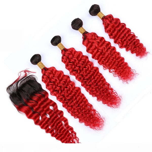 

#1b red ombre deep wave weave bundles 4pcs with closure bright red ombre wavy peruvian human hair 4x4 lace front closure with weaves, Black;brown