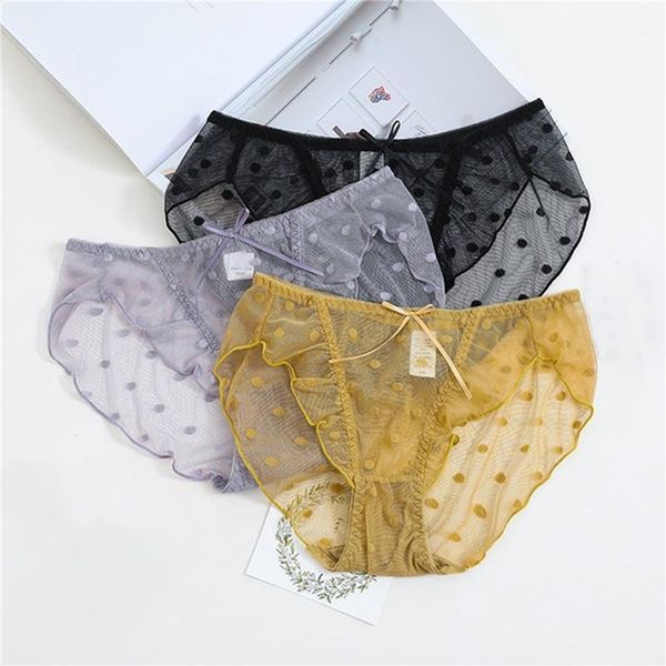 

dot print mesh women briefs bow knot ruffles low waist underpanties soft breathable female underwear, Black;pink
