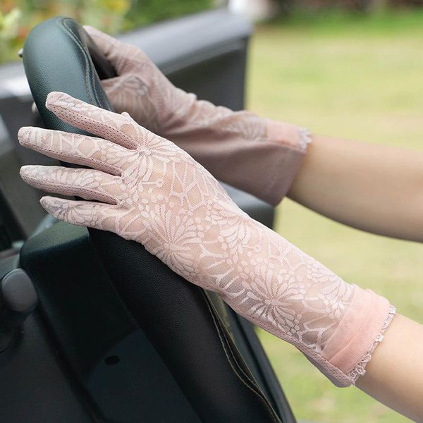 

summer women lace breathable sunscreen touch screen gloves female mid-length hollow non-slip drive full finger soft gloves, Blue;gray