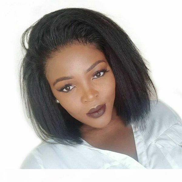 

divas brazilian u part wig short bob human hair perm yaki straight 130 density right part lace opening 1x4 for black women, Black;brown