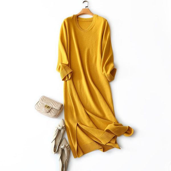 

winter new styles 100% cashmere dresses women fashion knitted long sleeve warm thick pullovers side slit, Black;gray