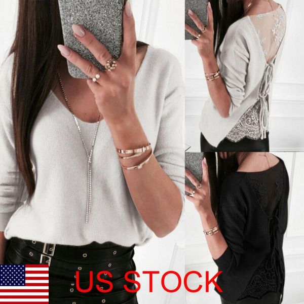 

usa women's v neck lace up blouse jumper sweater long sleeve pullover shirt, White