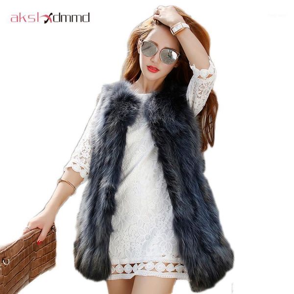 

natural fur vest new 2020 winter mid-long thick women warm fashion fur raccoon vest jacket coats shine colors lh4741, Black