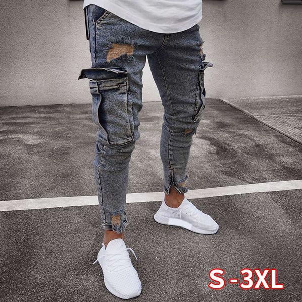 

men ripped hole jeans with knee pocket slim skinny jeans fashion hiphop casual trousers male high qulity men pencil, Blue