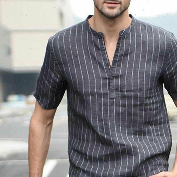 

summer mens shirts linen v neck short sleeve striped basic pullover gray slim tee stand collar casual new  2xl, White;black