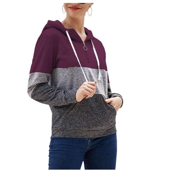 

women's t-shirt ladies fashion casual solid color stitching zipper hooded sports sweatshirt autumn european station round collar hedgin, White