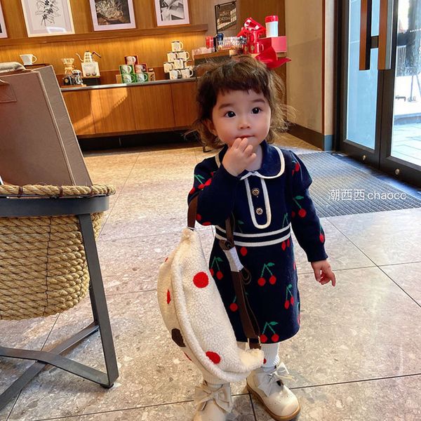 

2020 girls' clothing autumn and chaoxi winter cotton sweater cherry jacquard waist drs, Blue