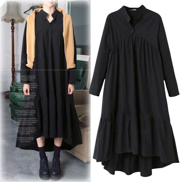 

large women's spring 2020 new fat sister standing collar long sleeve irregular hem cotton hemp dress for women, Black;gray
