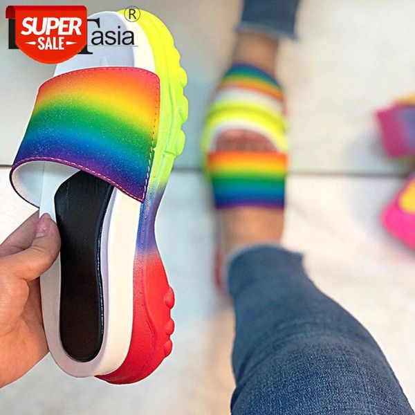 

doratasia ins girl mixed clor rainbow open toe slippers summer slippers women casual beacn daily wedges shoes woman #uo1n, Black