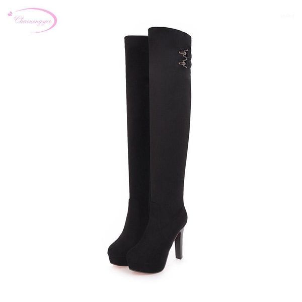 

chainingyee street style nubuck round toe over knee high boot zipper belt buckle platform black high-heeled women's riding boots1