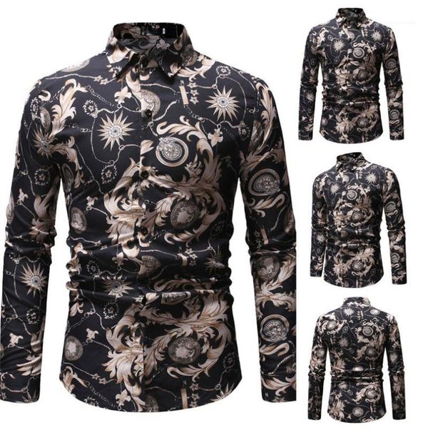 

men's new pattern casual fashion lapel printing long sleeved shirt shirts new daily handsome party #4f111, White;black