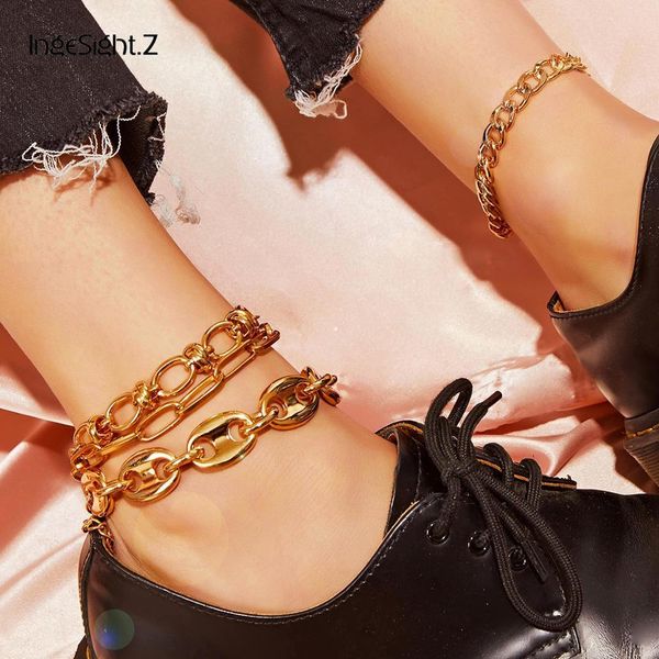 

ingesight.z 4pcs/set curb cuban thick anklet bracelet for women foot accessories summer beach barefoot sandals ankle jewelry t200901, Red;blue