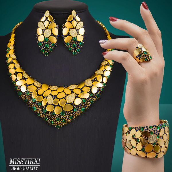 

missvikki luxury gorgeous 4pcs trendy dubai necklace bangle earrings ring jewelry sets for women wedding high quality, Silver