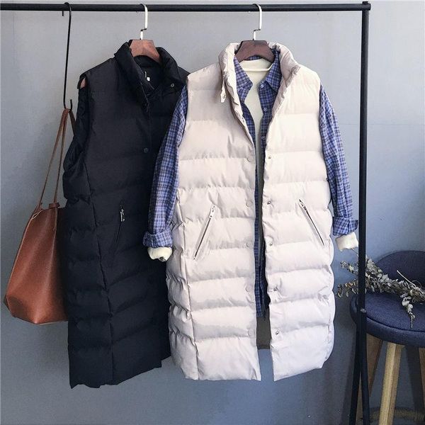 

women's vests 2021 autumn and winter sleeveless vest long loose down cotton jacket women stand collar waistcoat, Black;white