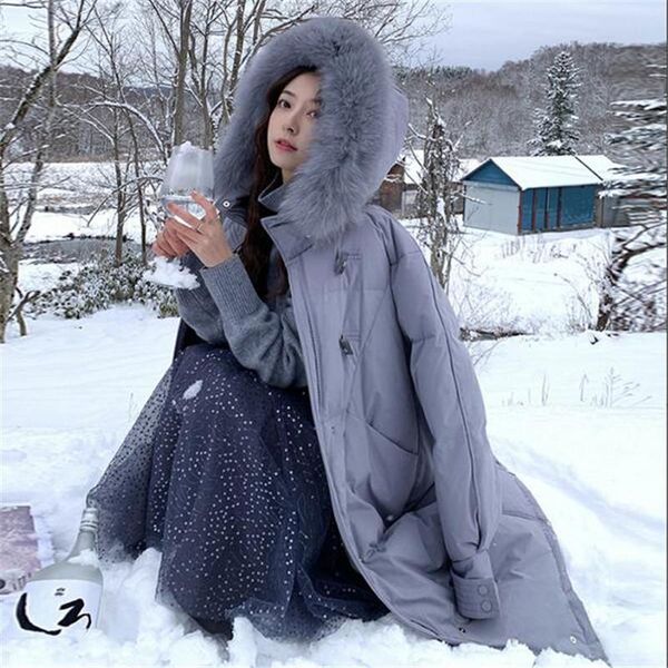 

large natural fur collar warm hooded loose jacket long parkas women white duck down parka winter loose thick snow outwear, Black