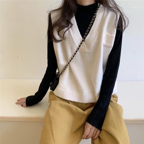 

women casual tank autumn winter 2020 korean style pocket v neck knit sweater vest sleeveless pullover waistcoat white t5081, Black;white