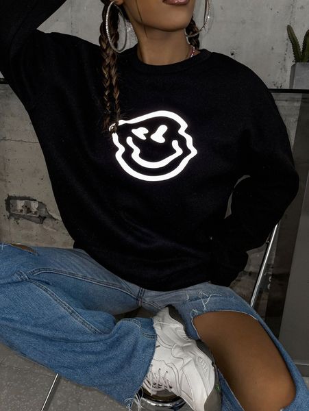 

reflective smile face drop shoulder sweatshirt s3oy#, White;black
