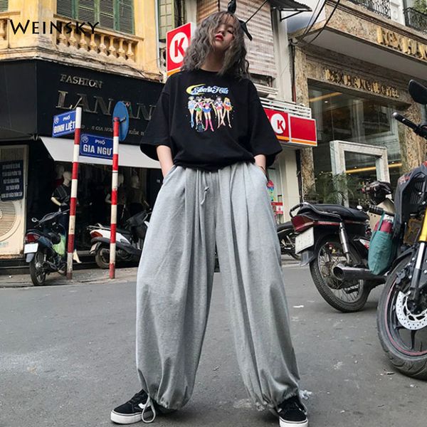 

2019 women super loose fashion wide leg elastic waist streetwear trousers cotton oversized long pants