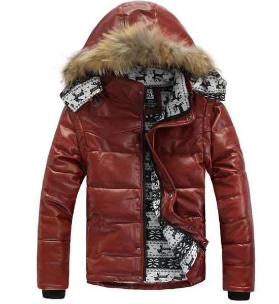 

men motorcycle warm leather winter jacket real natural fur hooded thickening down cotton jackets mens long sleeve coat parkas1, Black