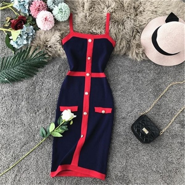 

new design women's fashion retro elegant single breasted patchwork spaghetti strap knitted pencil dress color block short dress, Black;gray