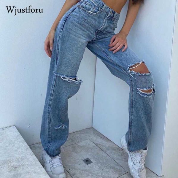 

wjustforu harajuku ripped jeans for women jeans woman high waist straight pants casual baggy vintage boyfriends mom denim pants, Blue