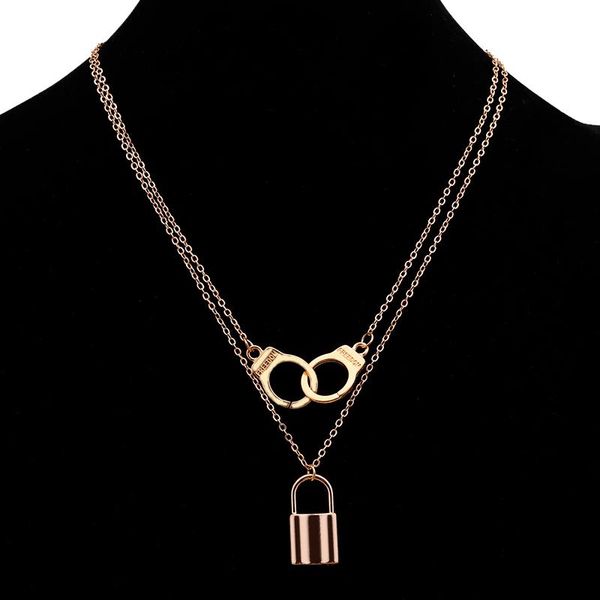 

chains big statement lock handcuffs necklaces & pendants for women gold color double layer clavicle chain jewelry accessories, Silver
